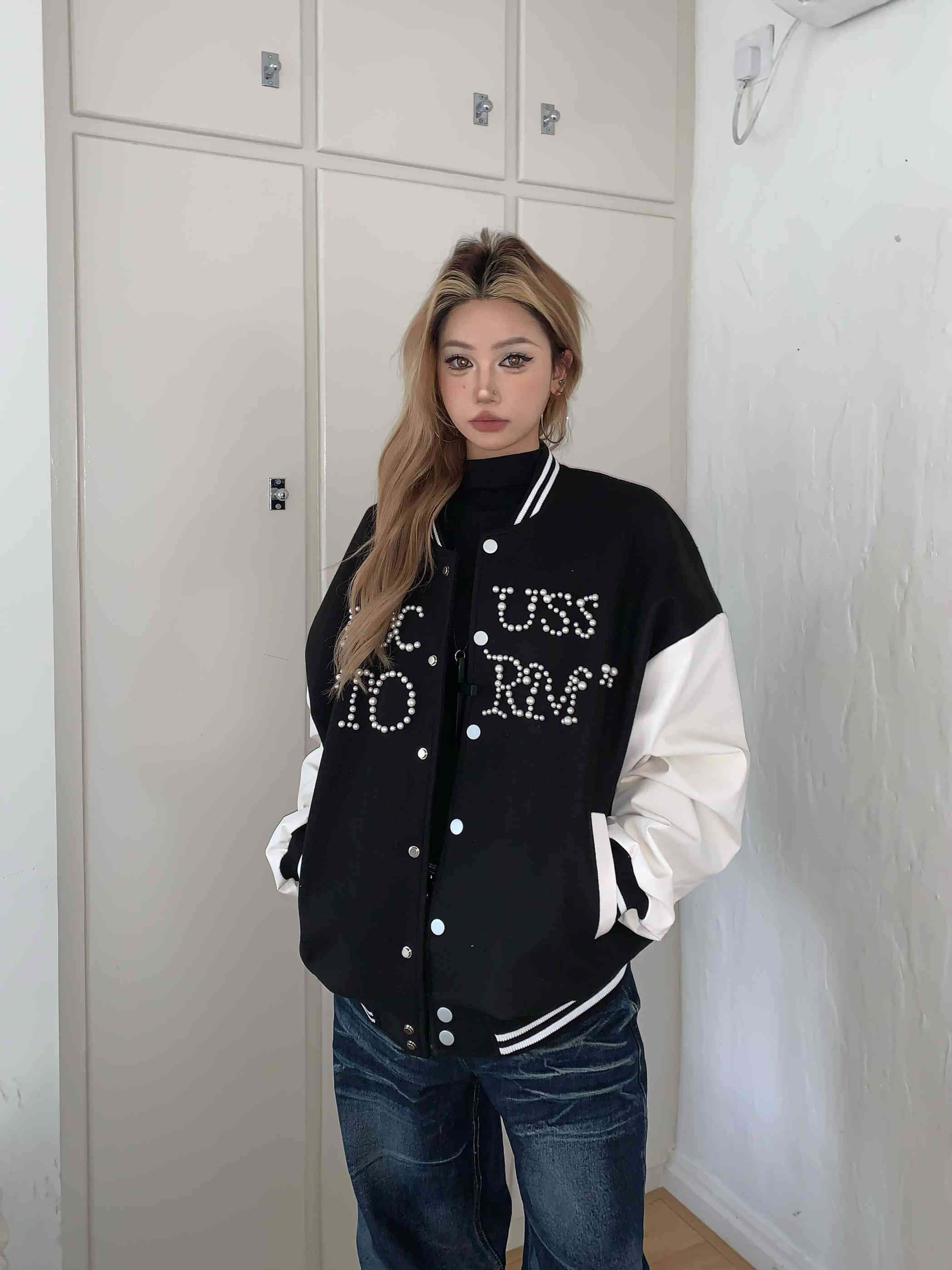 Retro Baseball Jacket Women's Beaded Jacket Loose Top